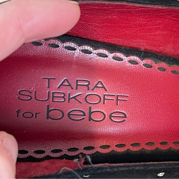 TARA SUBKOFF BEBE Swarovski Crystal Bow Platform Peep opentoe heel black suede 8 - Picture 3 of 12